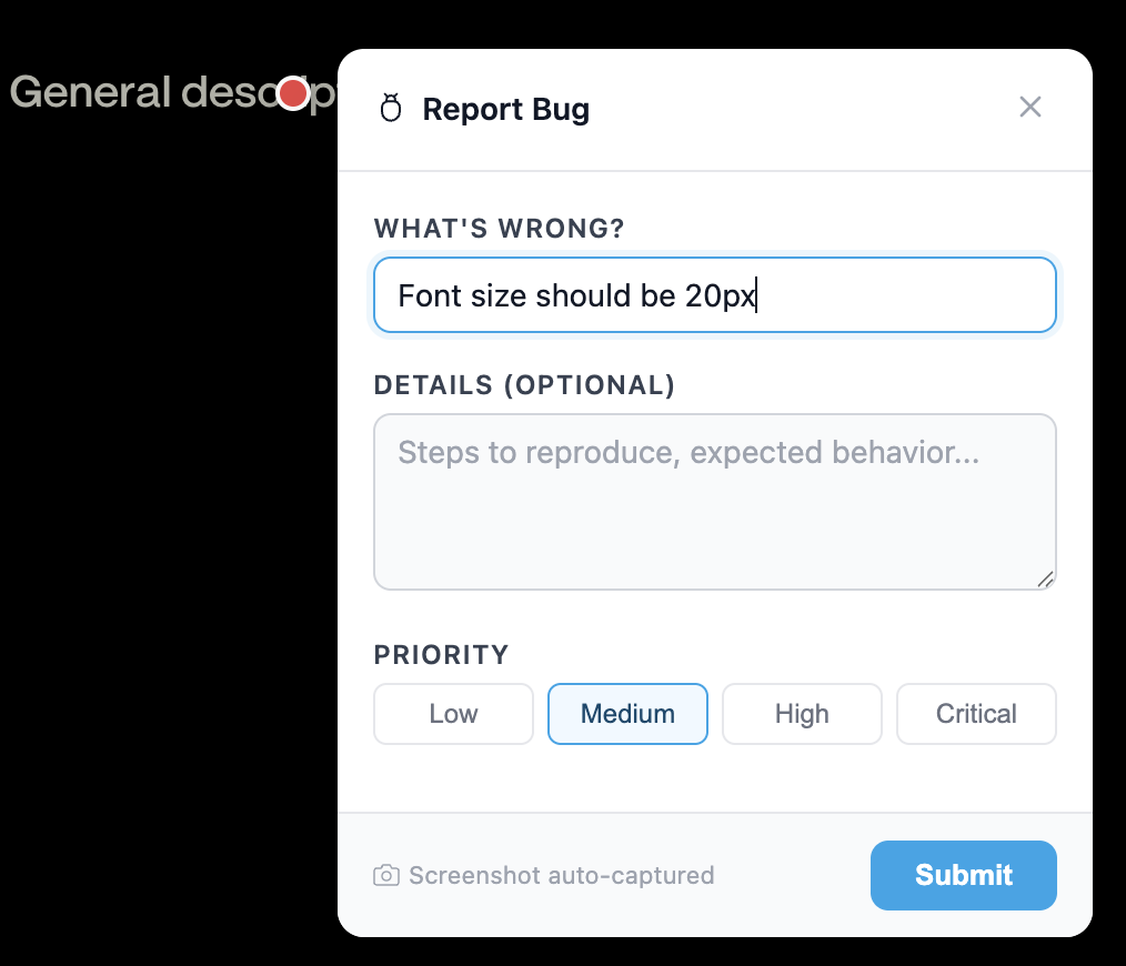 Feedback form with title, description, and priority selector