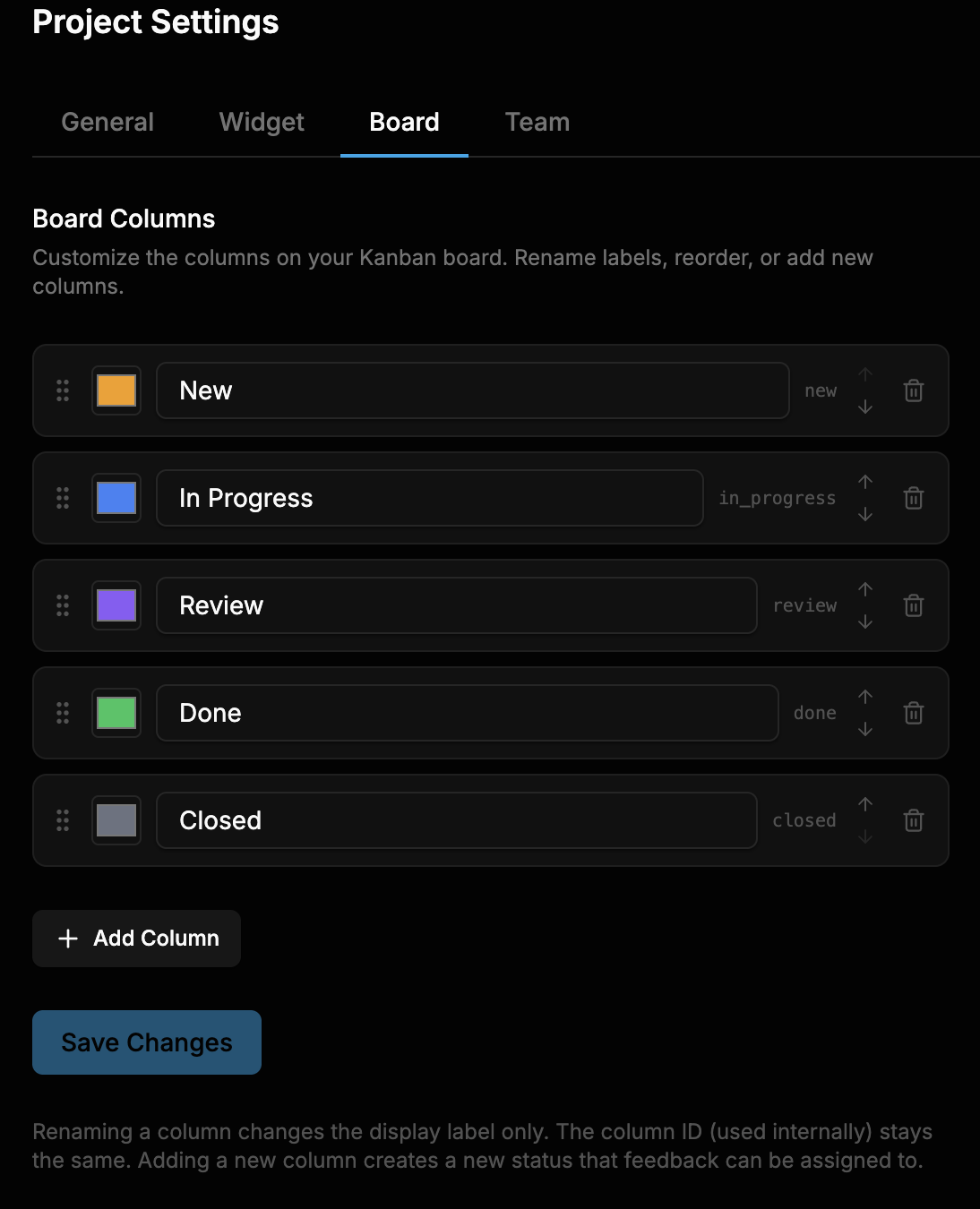 Board column customization in project settings