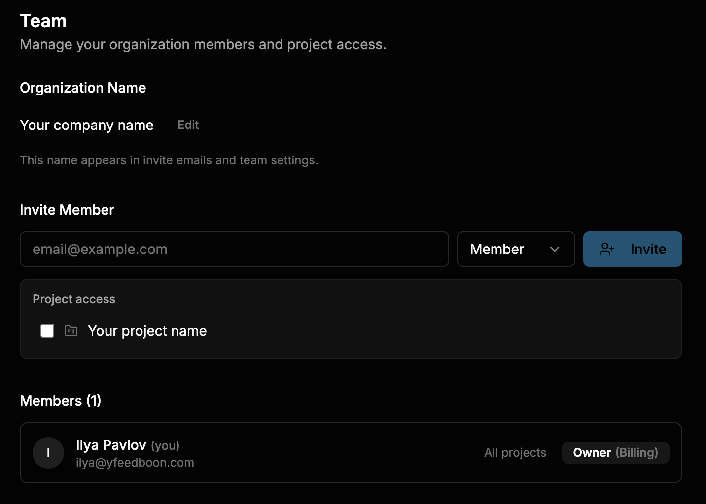 Team invite settings page in Feedboon dashboard